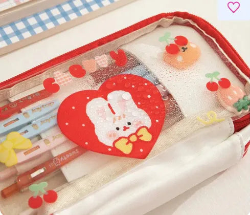Transparent Japanese pen bag with cute rabbit design in pink and red colour options