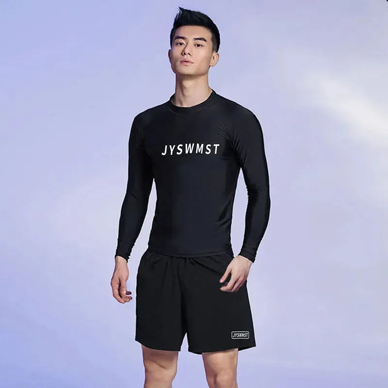Men's patterned polyester swimsuit set showing top and swimming trunks, available in plus sizes.