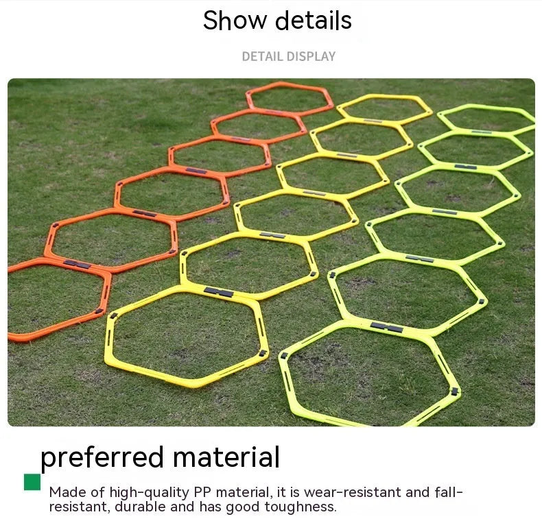 Six foldable hexagon football agility training rings in green, orange, and yellow colours