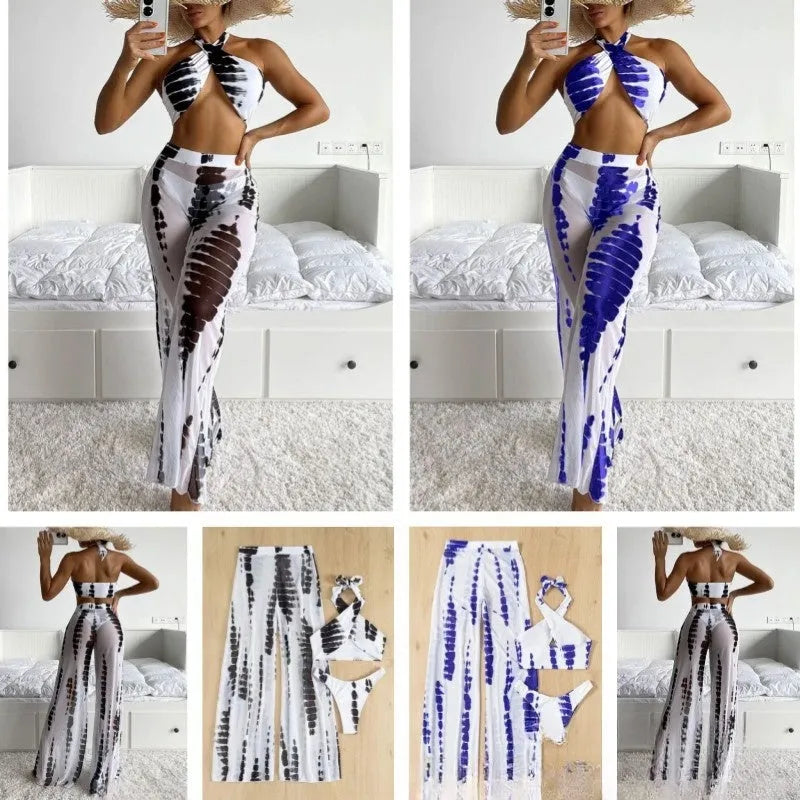 Women's three-piece swimsuit set showing bikini top, underpants, and mesh trousers in printed fabric