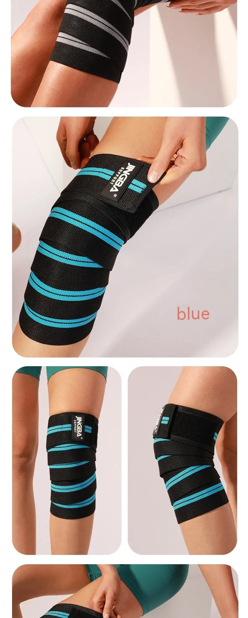Adjustable free size knee pads for sports, shown in blue, grey, red, and yellow colour options.