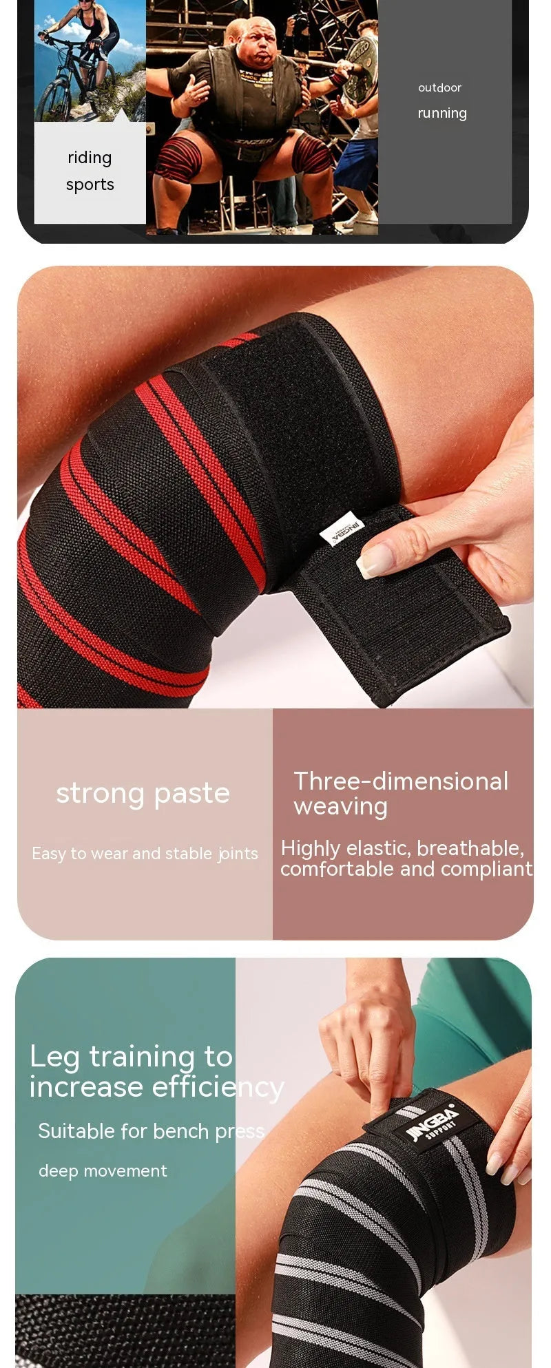 Adjustable free size knee pads for sports, shown in blue, grey, red, and yellow colour options.