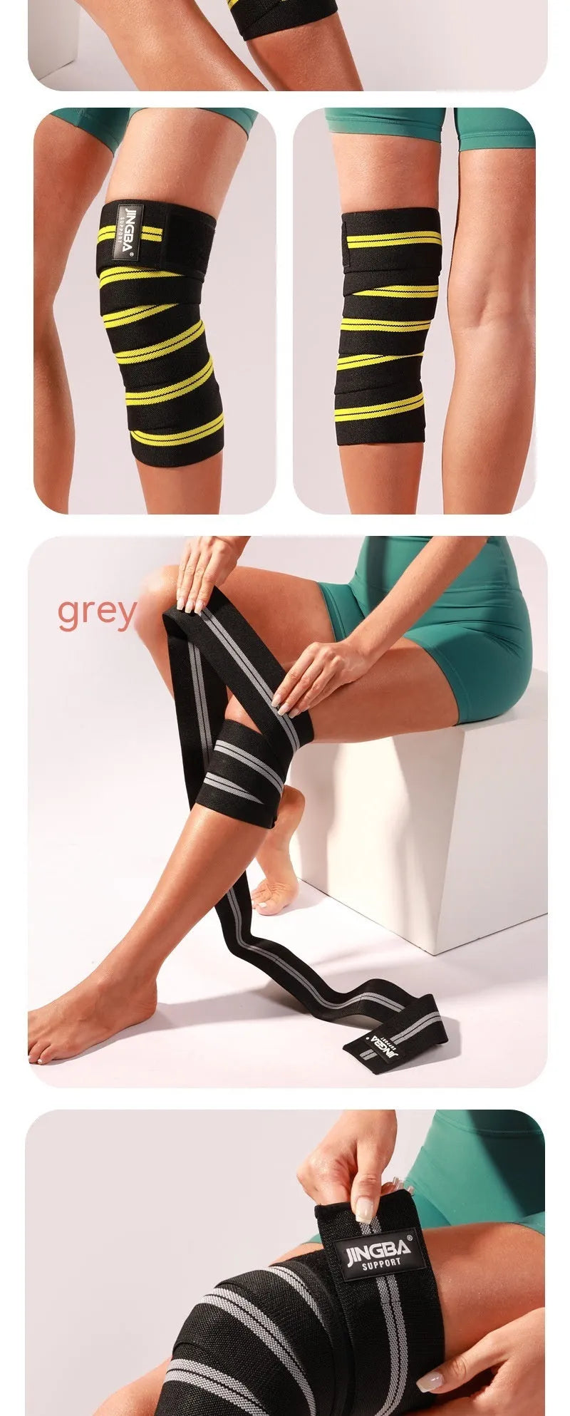 Adjustable free size knee pads for sports, shown in blue, grey, red, and yellow colour options.