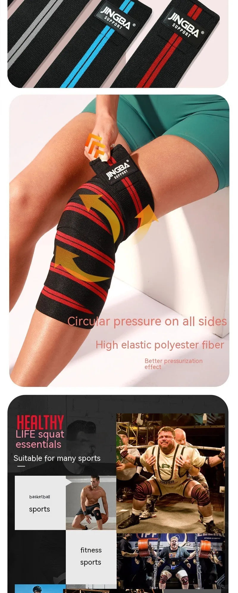 Adjustable free size knee pads for sports, shown in blue, grey, red, and yellow colour options.