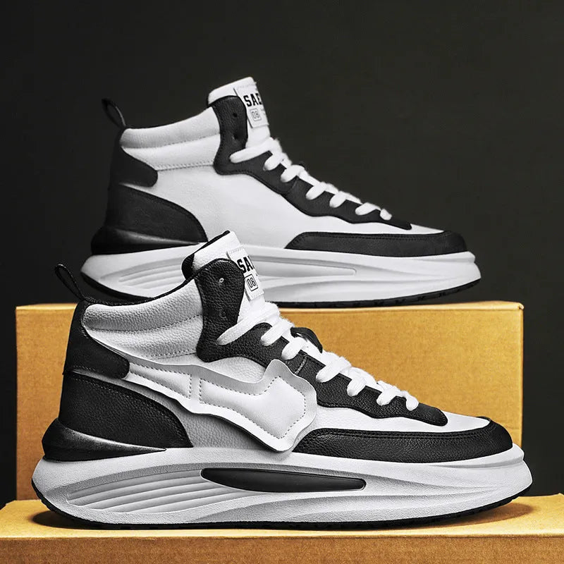 Men's black and white high-top board shoes with round toe and platform sole.