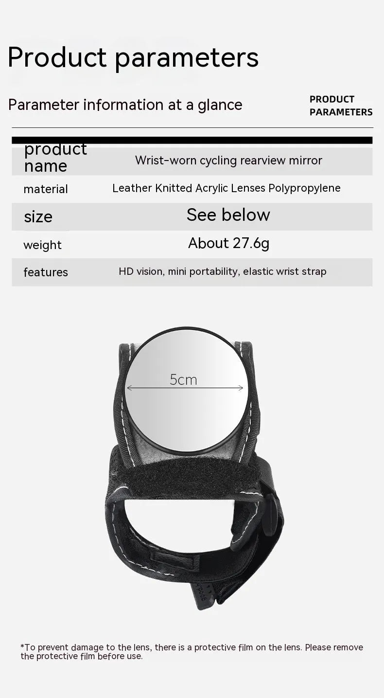 Black nylon cycling wrist rear-view mirror for bicycle safety