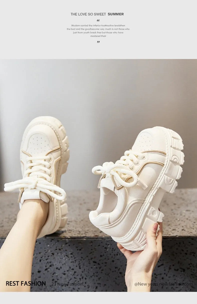 Women's beige and pink casual leather shoes with a height-increasing sole.