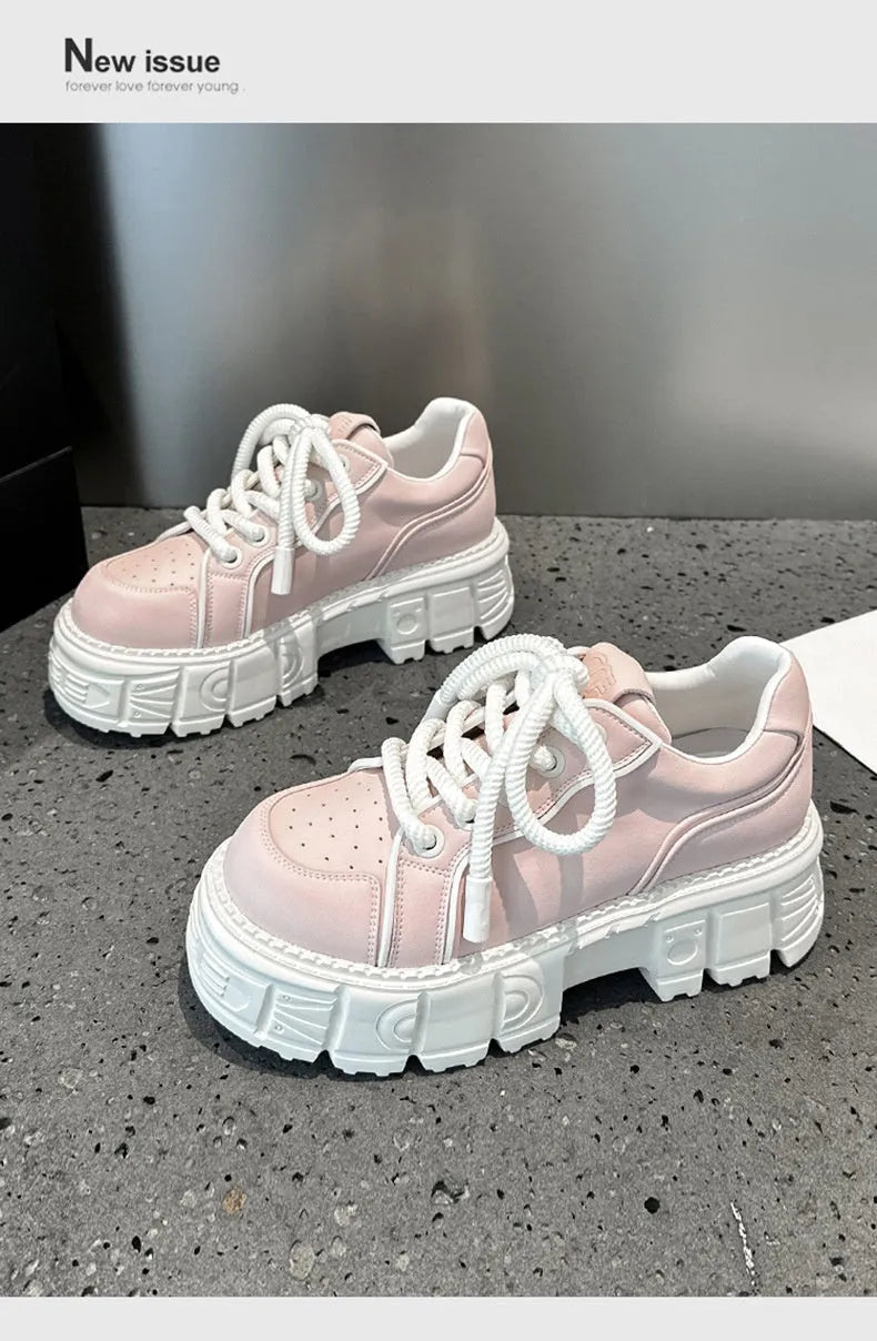 Women's beige and pink casual leather shoes with a height-increasing sole.