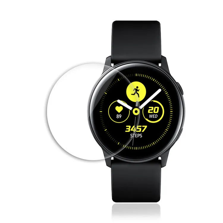 Samsung Galaxy Watch Active full screen tempered glass screen protector in transparent finish.
