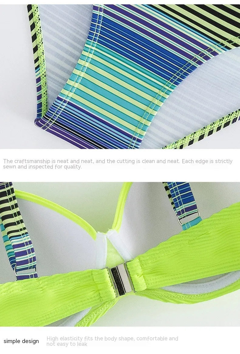 Green printed women's halter bikini with split briefs swimwear set