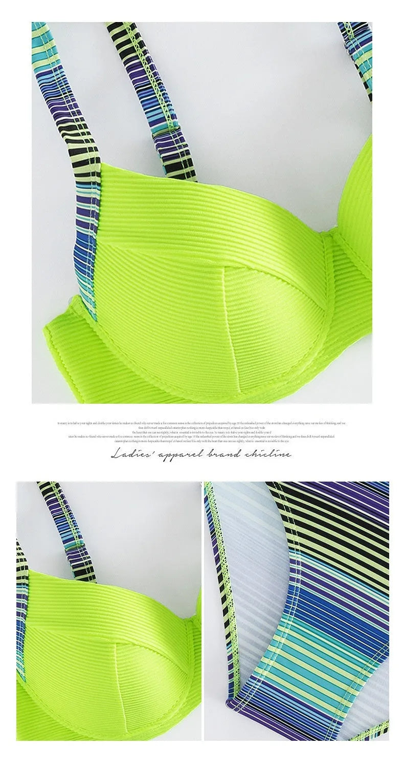 Green printed women's halter bikini with split briefs swimwear set