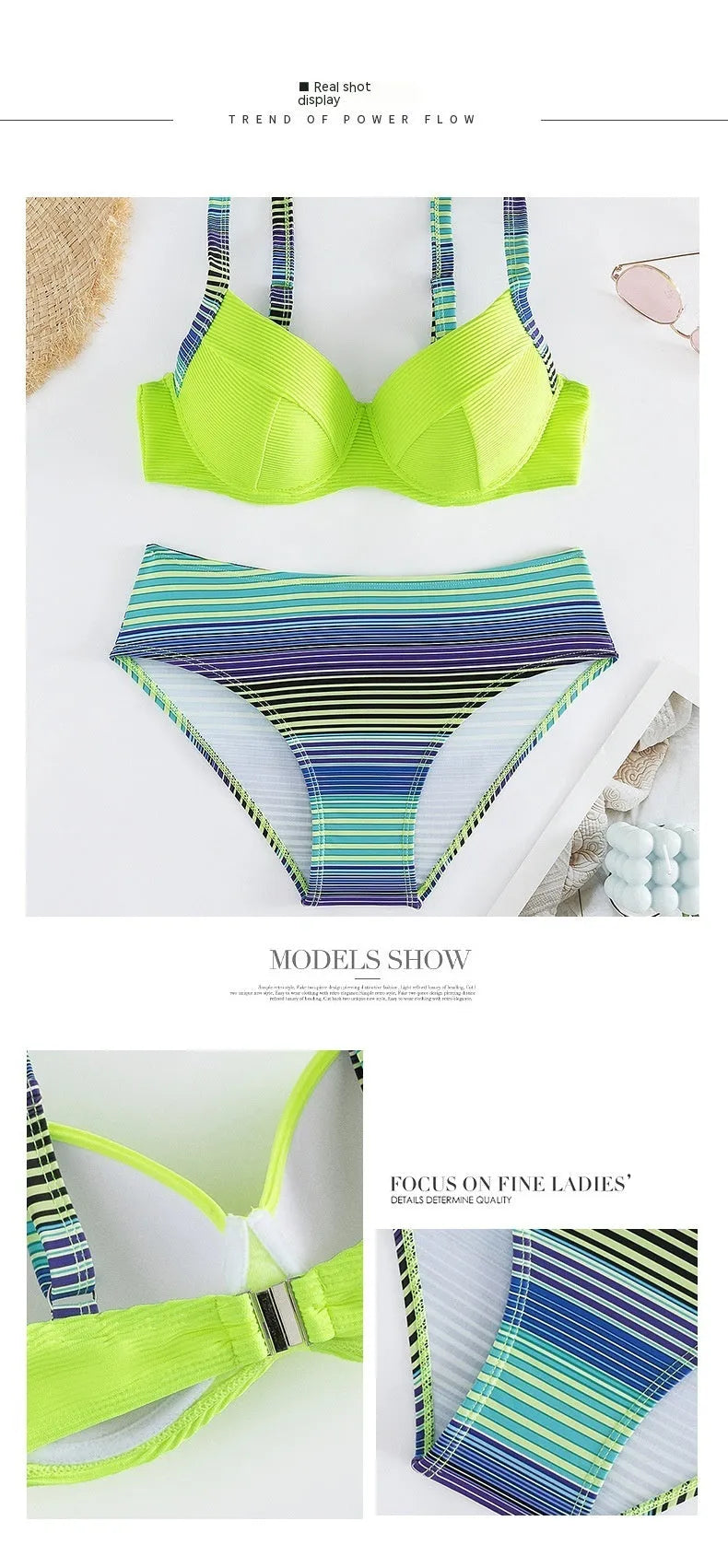 Green printed women's halter bikini with split briefs swimwear set