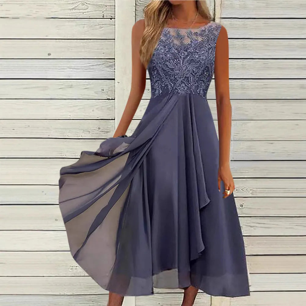 Women's sleeveless chiffon dress with lace hollow-out stitching in princess style
