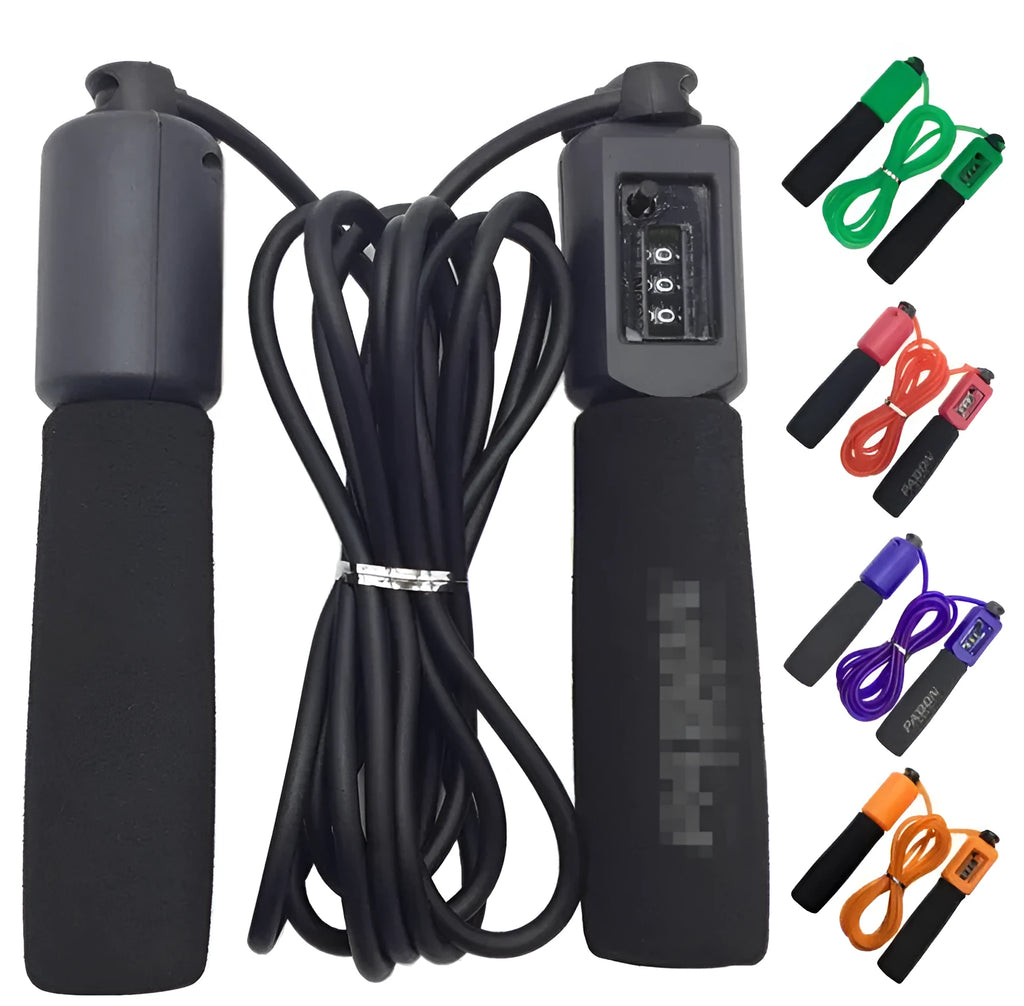 PVC skipping rope with foam handles showing colour options and numbered sets for fitness training