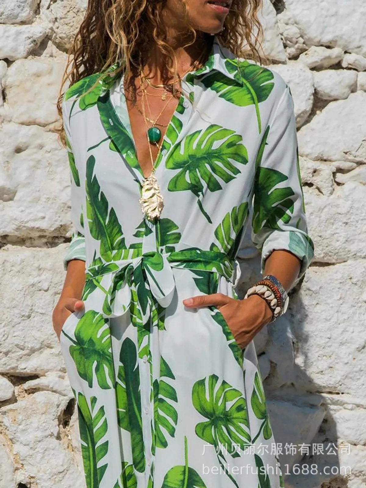 Madrid Vintage Chiffon A-line dress with V-neck collar and long sleeves in a printed pattern.