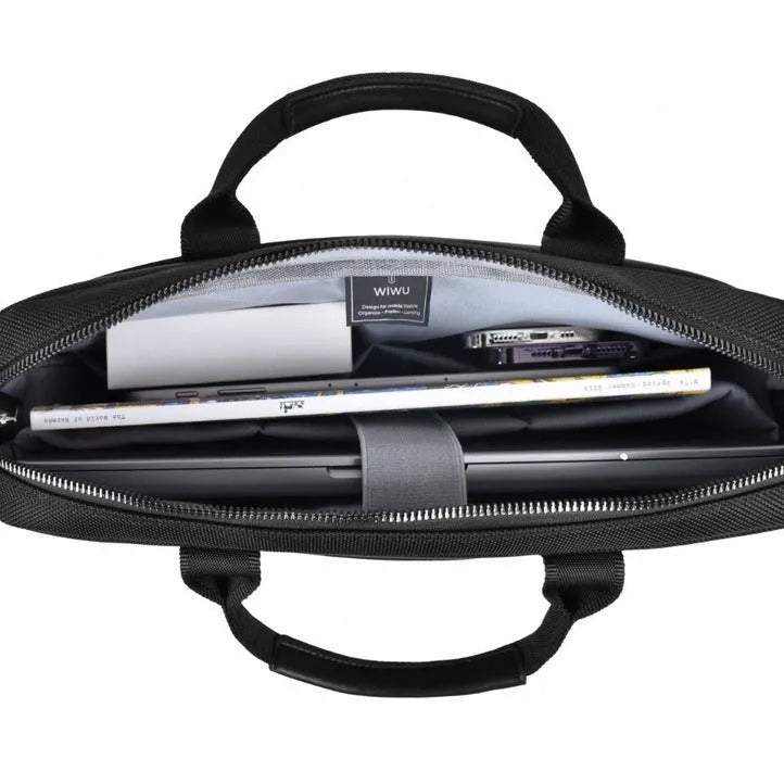 Black Oxford cloth laptop backpack with multiple organisational pockets and lock feature