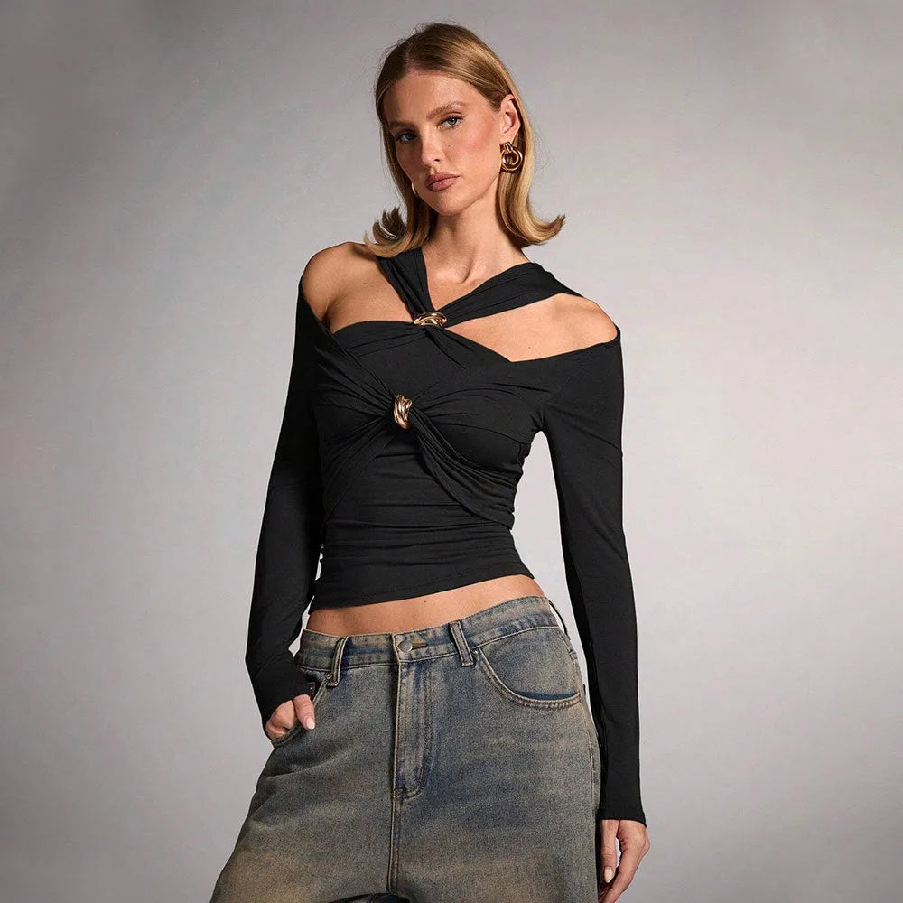 Black women's halter top with shoulder-baring design and regular long sleeves