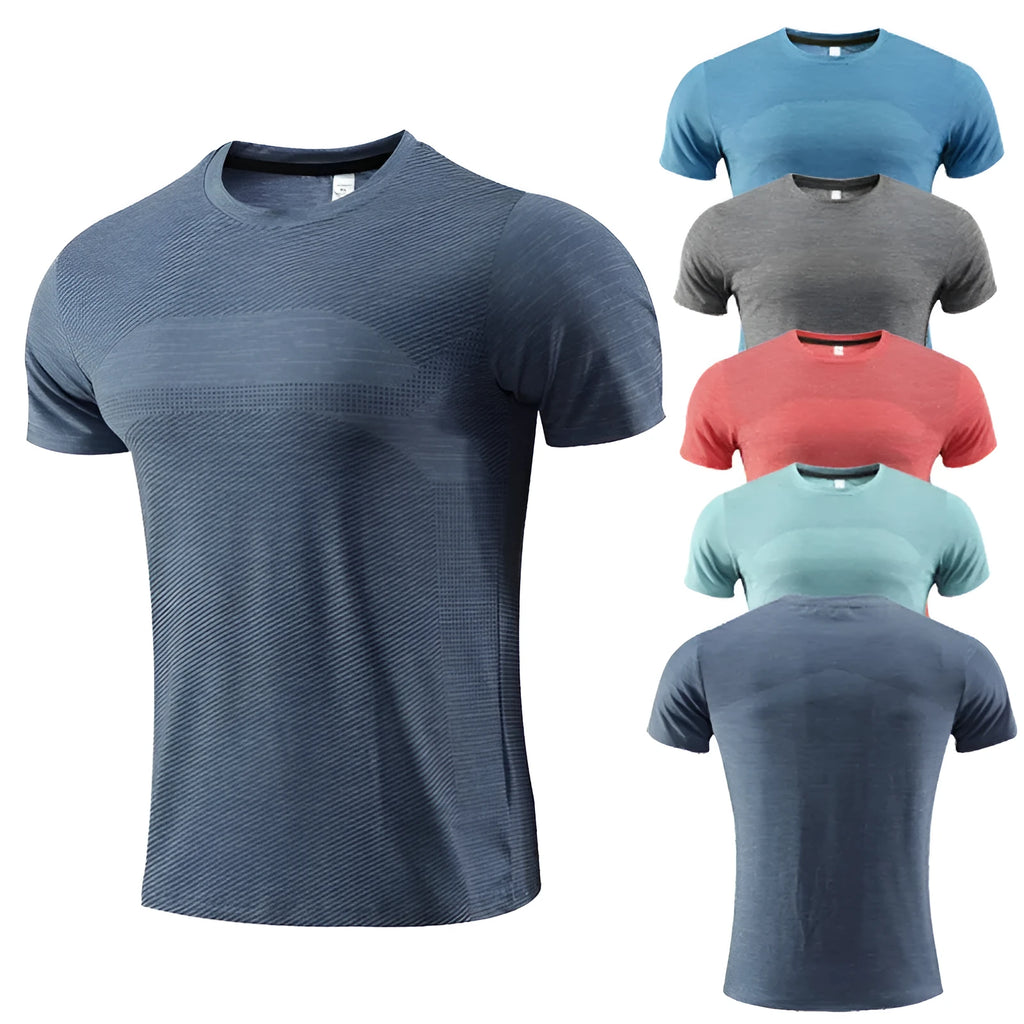 Short sleeved polyester spandex T-shirt for running and workouts in assorted colours.