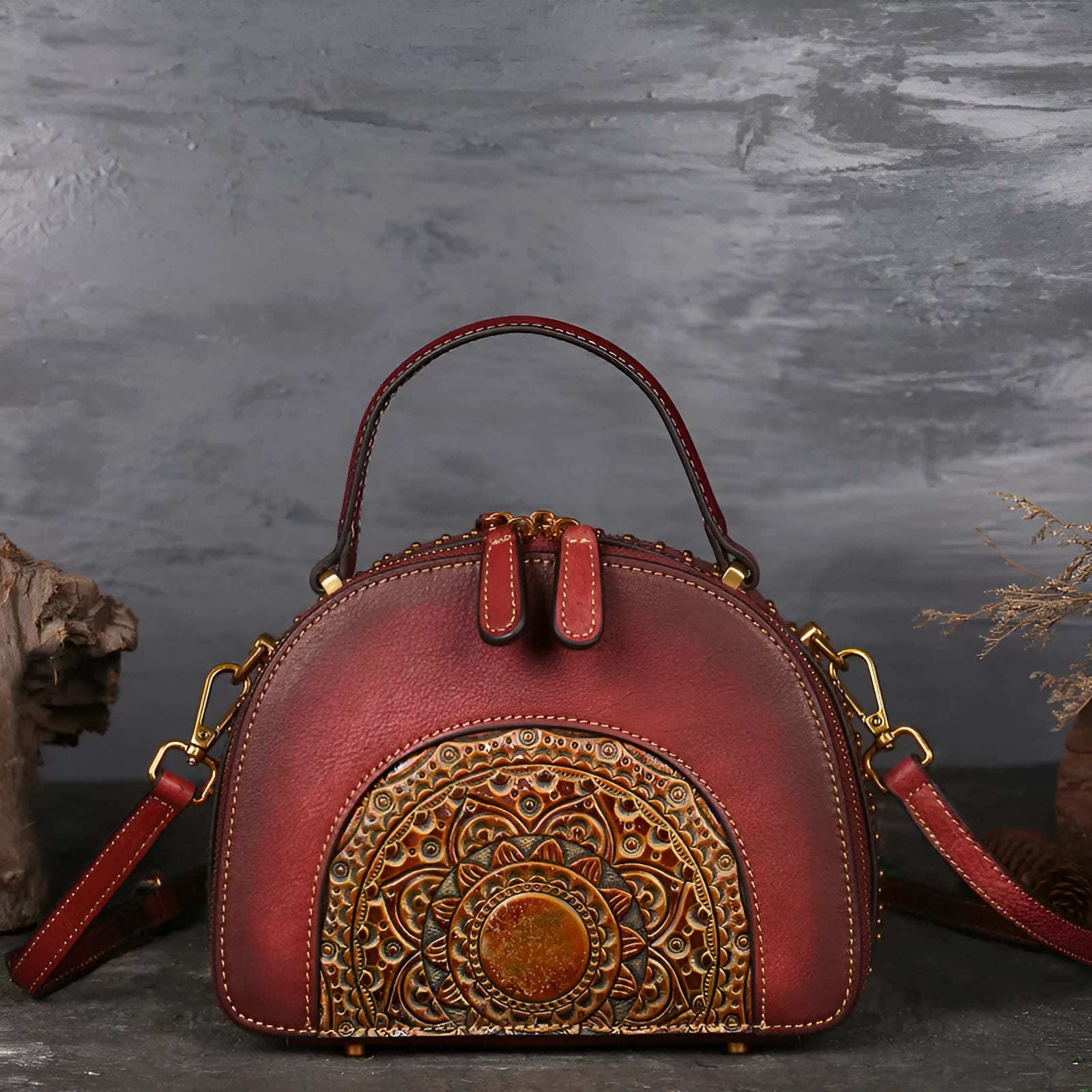 Vintage cowhide suede leather handbag showing internal organisation compartments including ID pouch and mobile phone section
