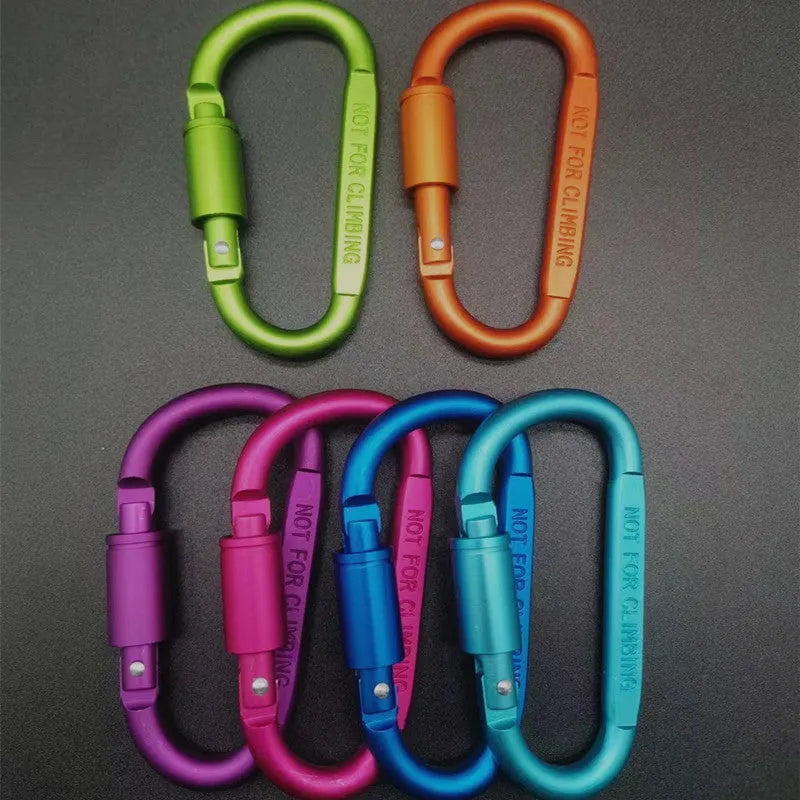 D-type aluminium locking carabiner, 8cm flat, shown in one of ten available colours.