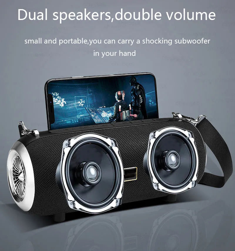 F666 Mini Bluetooth Speaker in fabric mesh finish with retractable FM antenna and shoulder strap attached