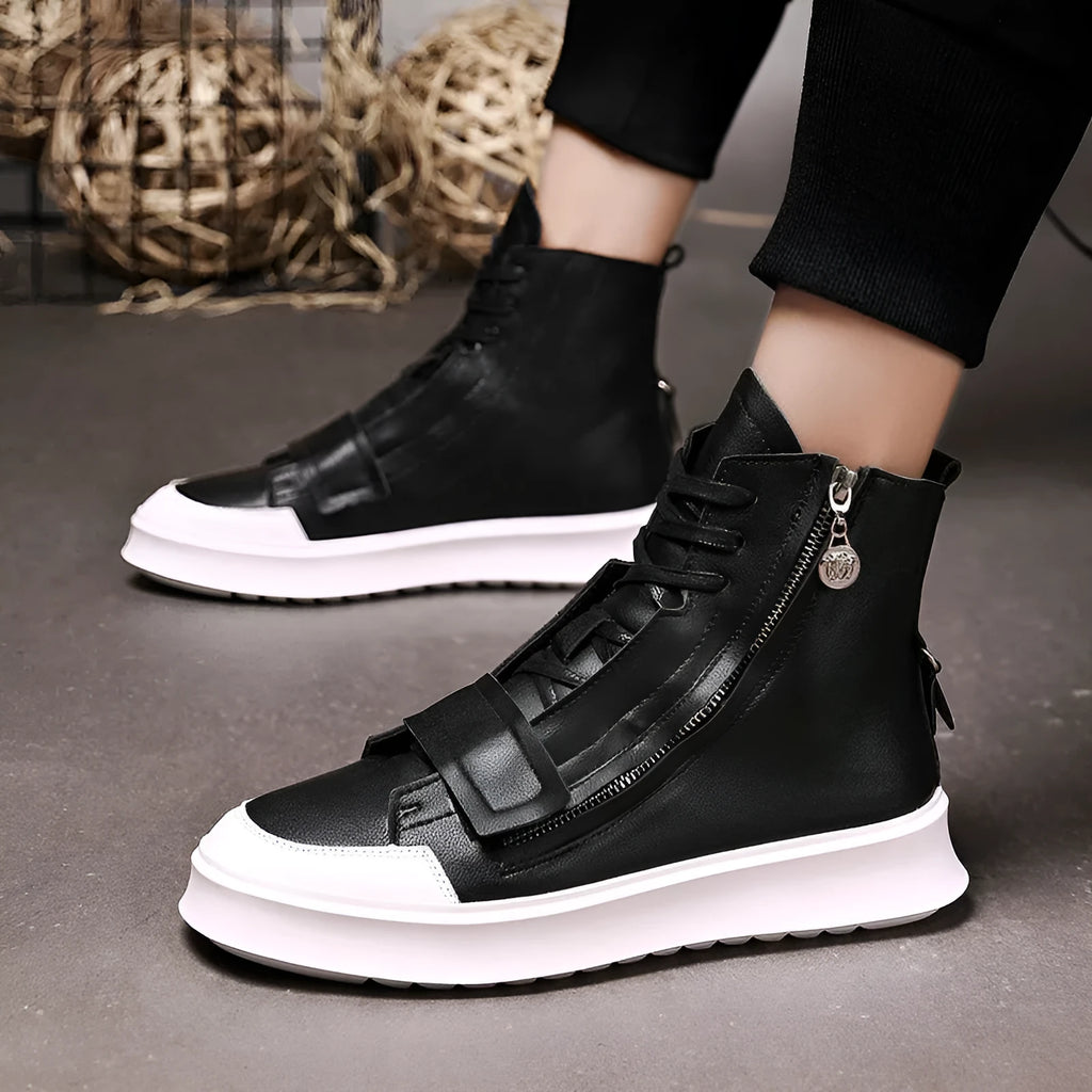 Men's black and white high-top winter ankle boots made from PU leather and microfiber.