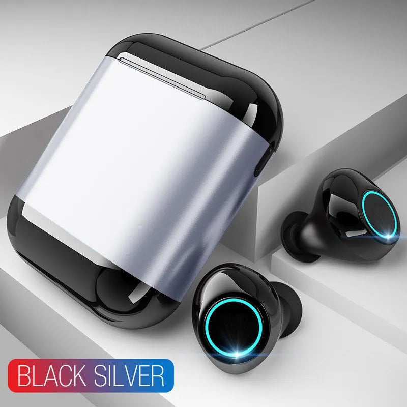 Black True Wireless Stereo Bluetooth earbuds with charging case on a grey background.
