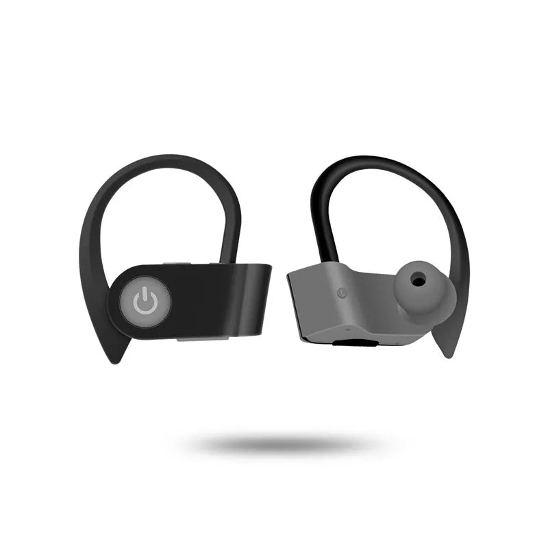 Black, grey, and red wireless Bluetooth earphones with ergonomic design and charging case.
