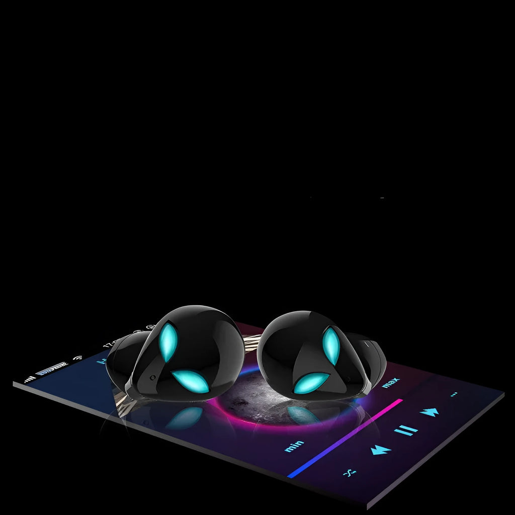 Alien-design T8 Starman Bluetooth headphones in charging case on white background