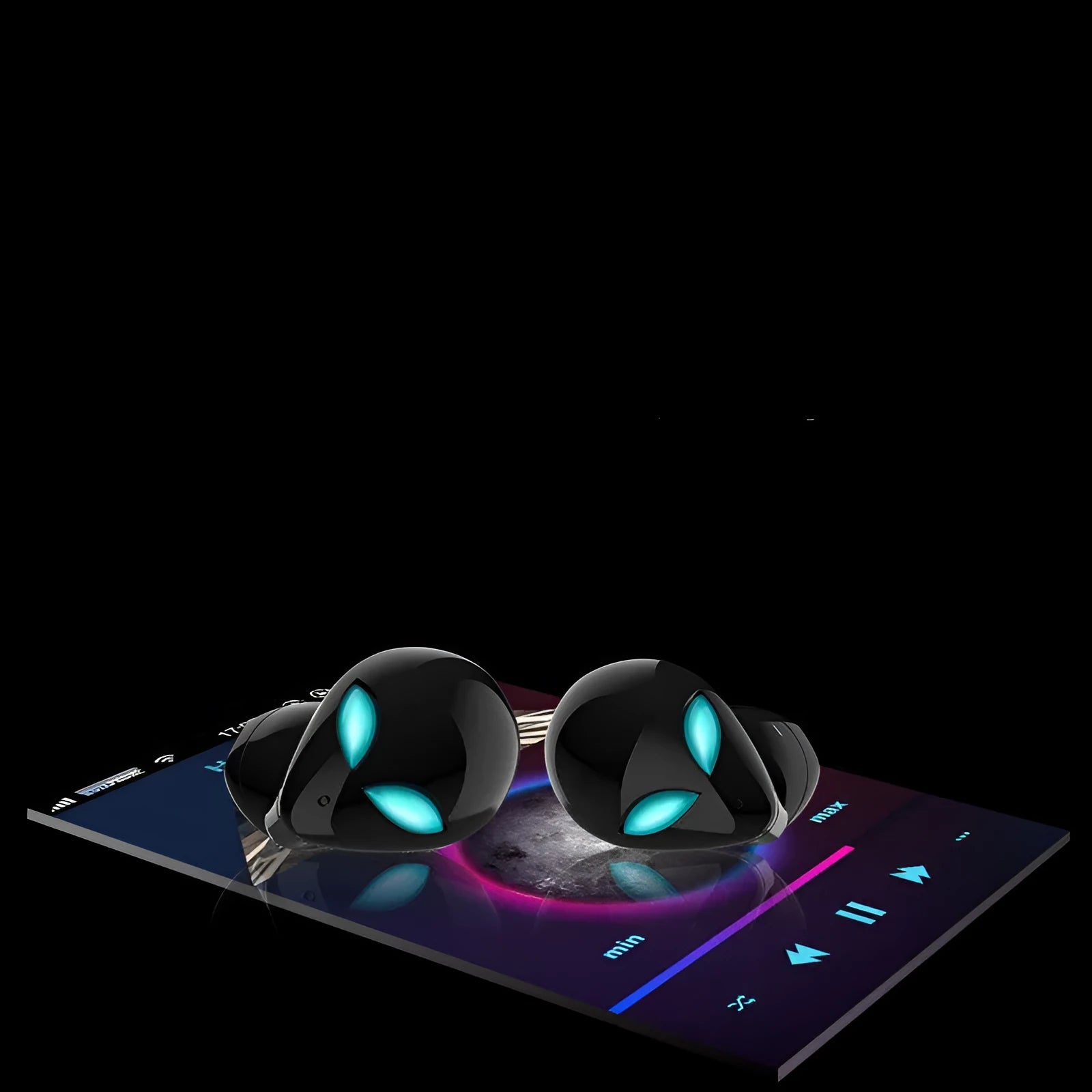 Alien-design T8 Starman Bluetooth headphones in charging case on white background