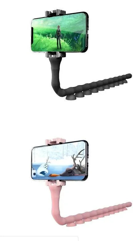 Black flexible arm phone holder with suction cup base bent into an S-shape, holding a mobile phone.
