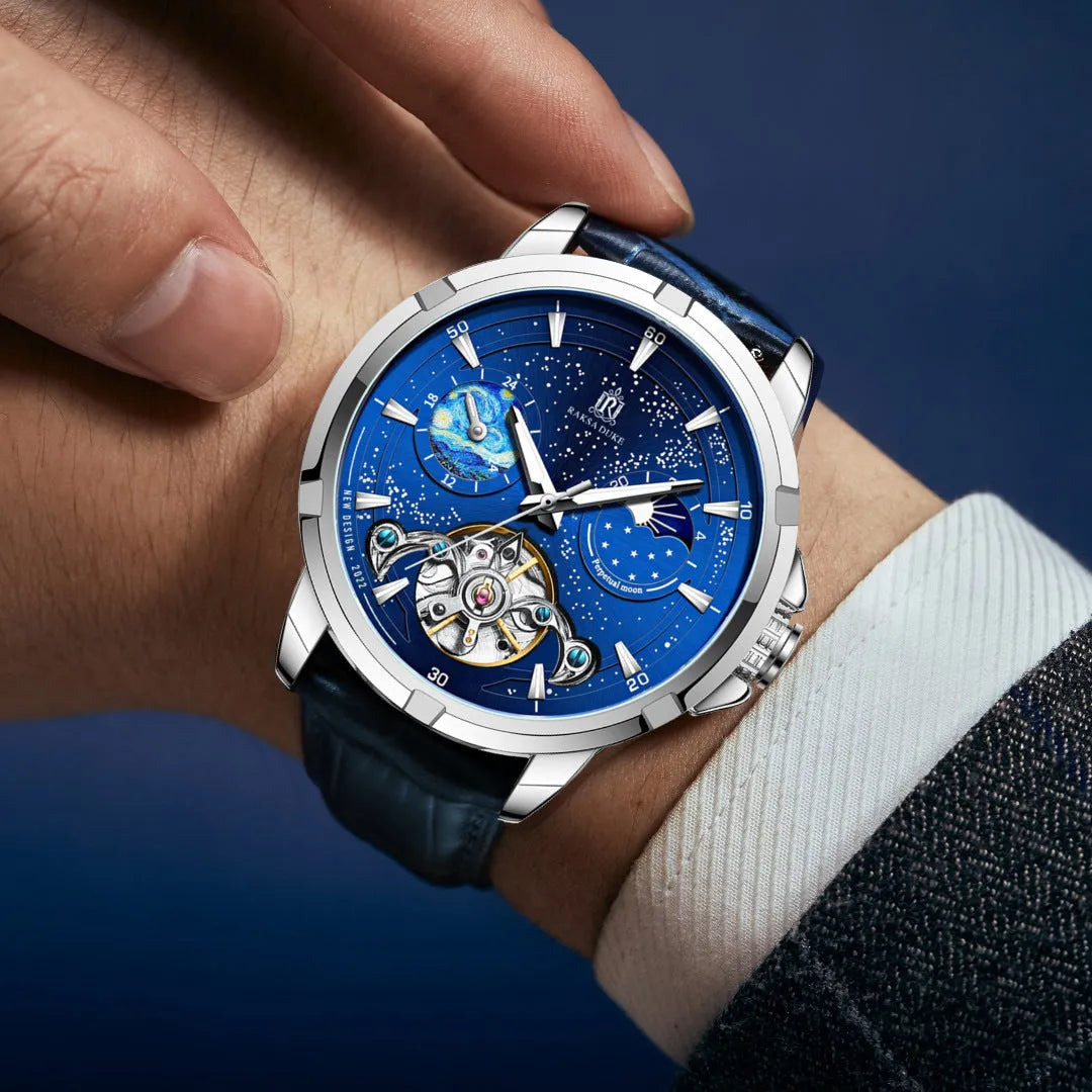 Men's blue automatic skeleton watch with open-heart dial on wrist
