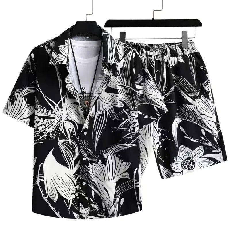Man wearing a digital print short sleeve cardigan and matching shorts from the casual suit set.