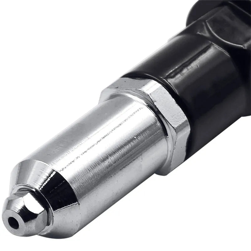 Black metal electric drill rivet gun attachment, 173mm long, with handle and four rivet heads.