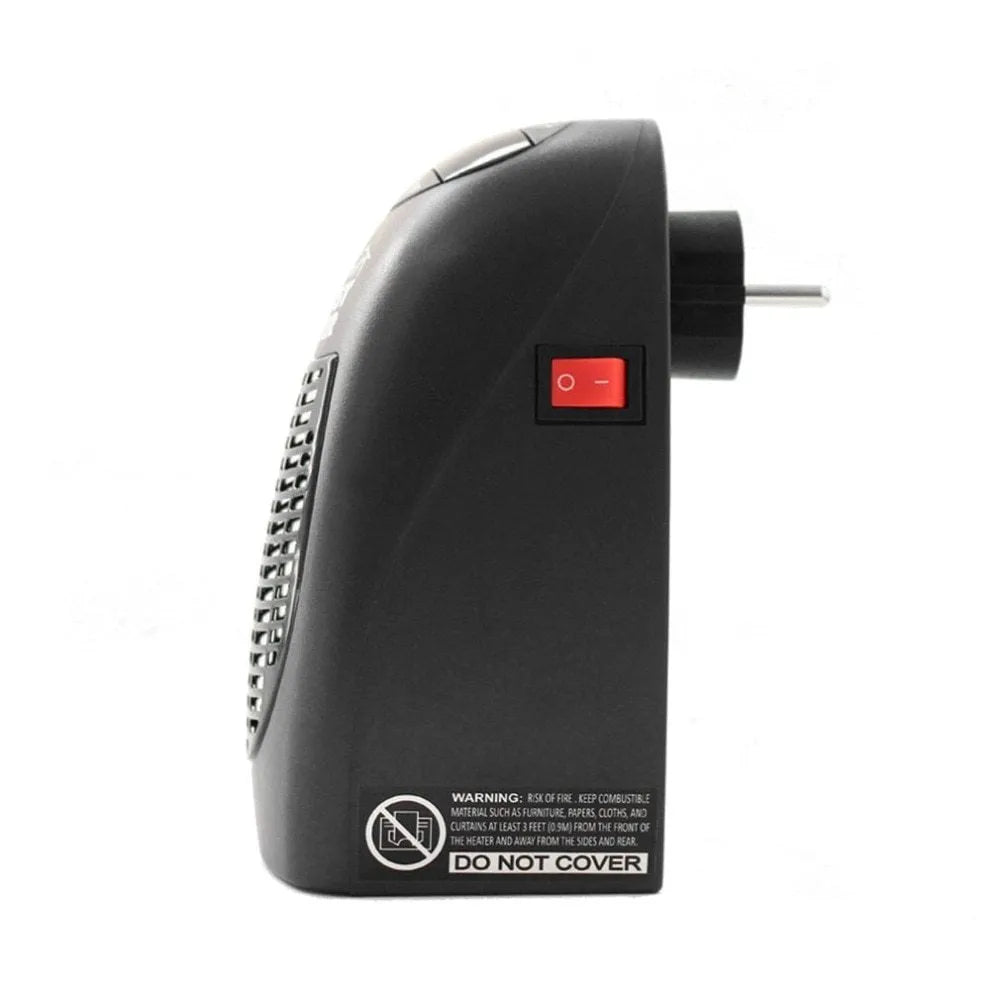 Black portable electric heater with digital display and rotating plug, measuring 8x7x16cm