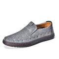 Men's brown hand-sewn PU slip-on casual shoes with a flat sole and round toe.