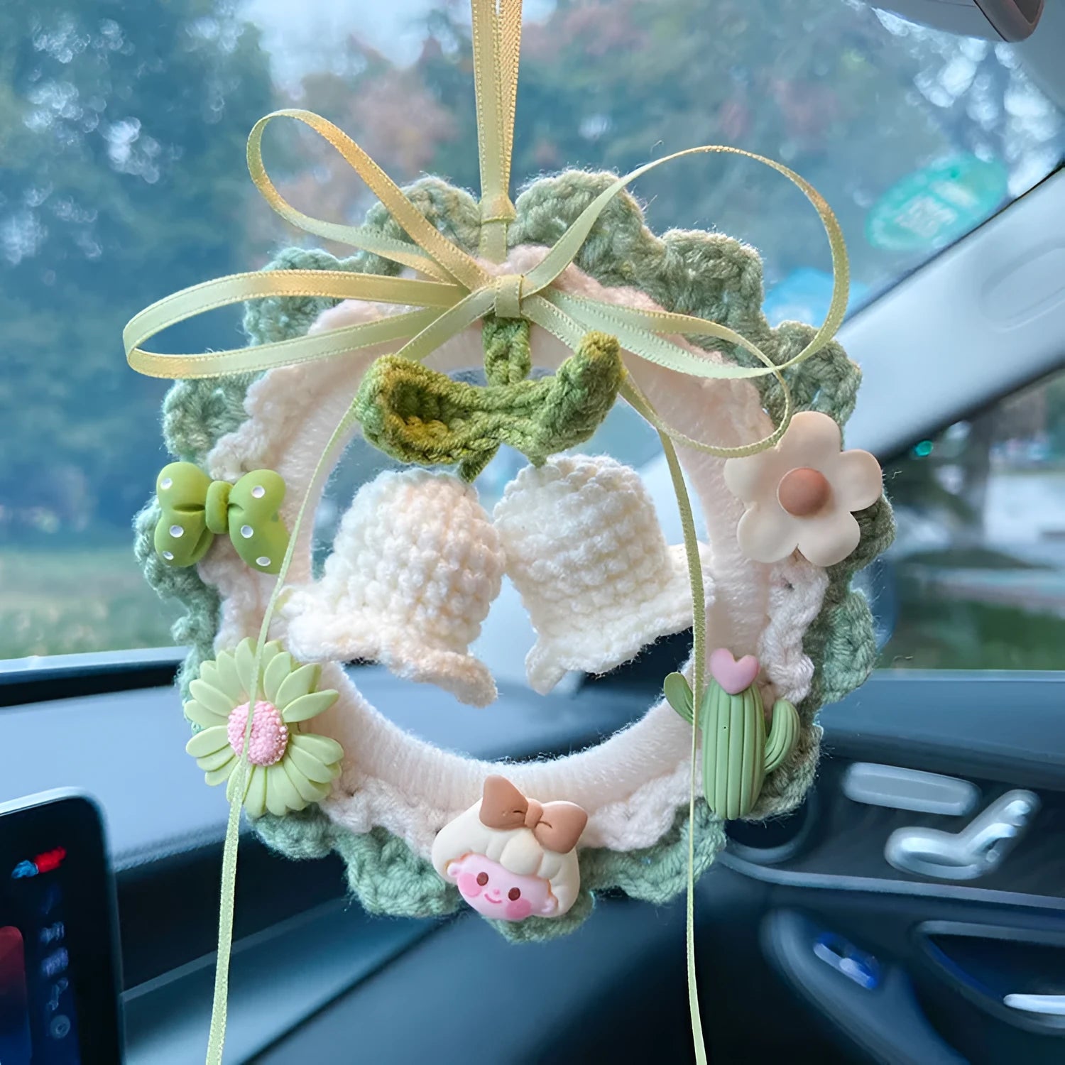 Hand-woven wool bell orchid car pendant in green, pink, purple and yellow colour options