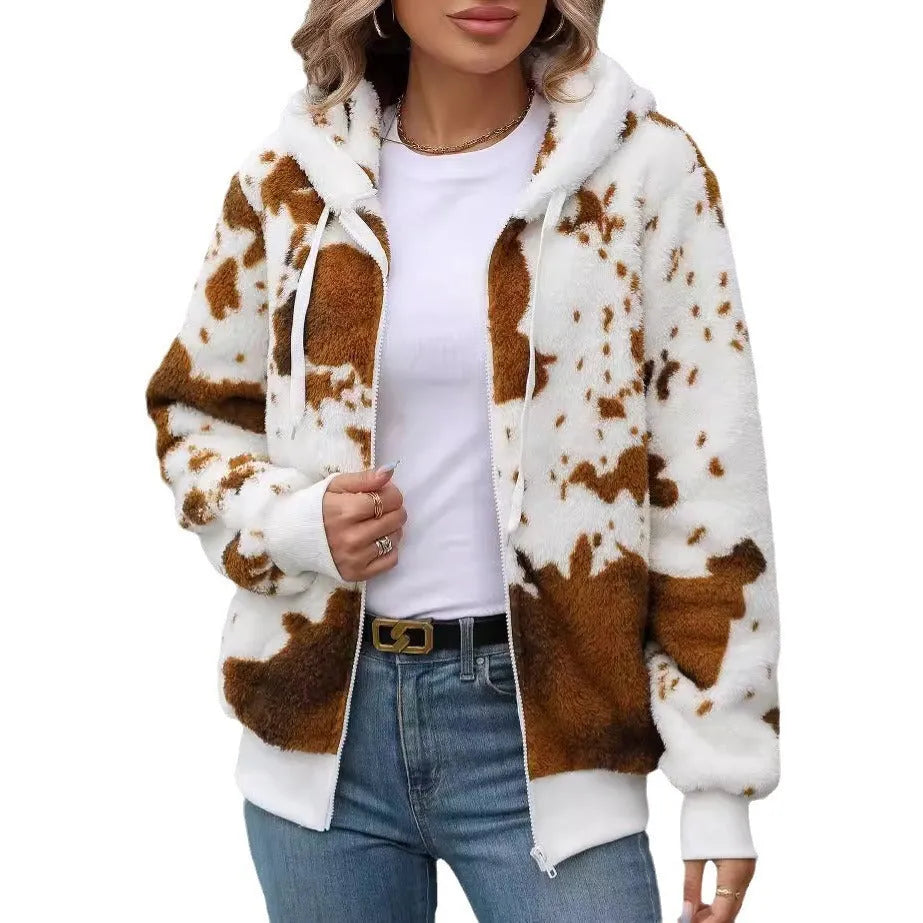 Yellow brown cow animal print hooded cardigan jacket with zipper closure
