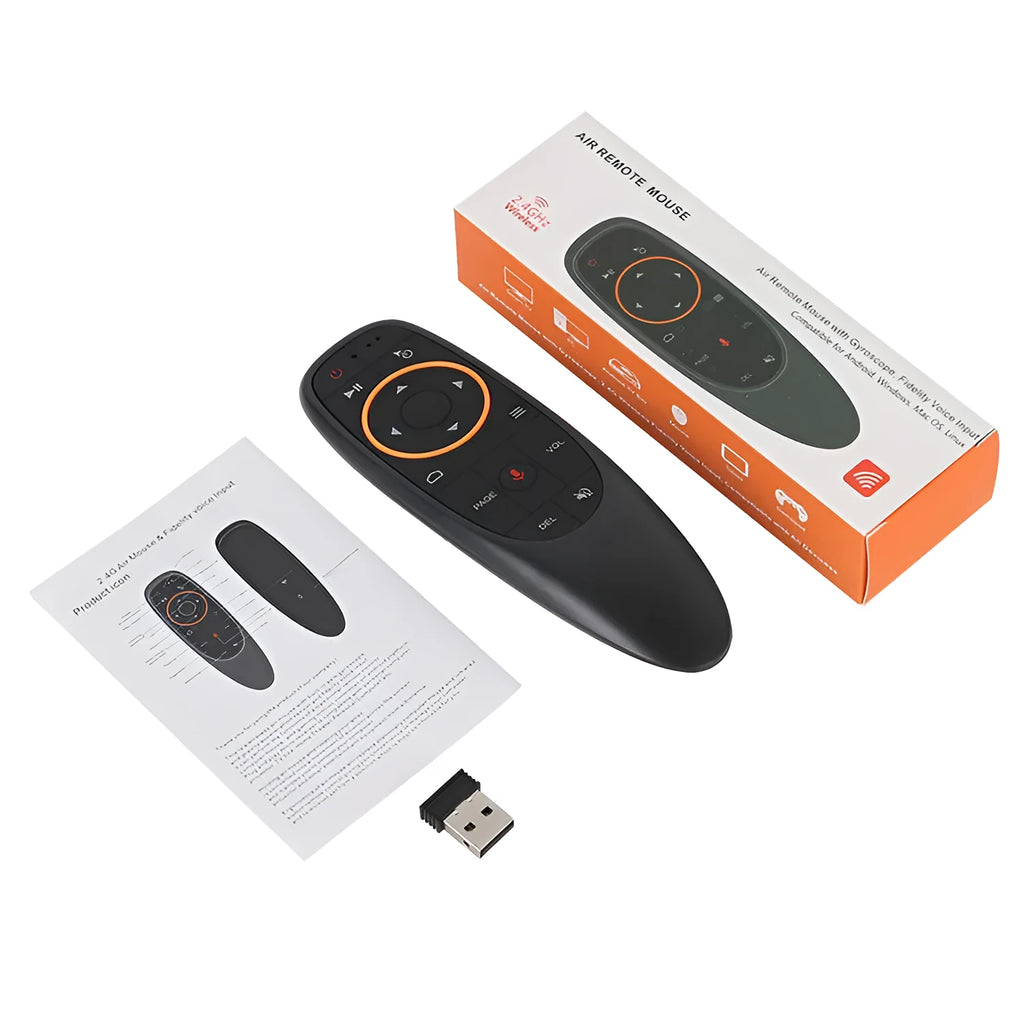G10 series intelligent voice remote control with plastic shell and silicone buttons.