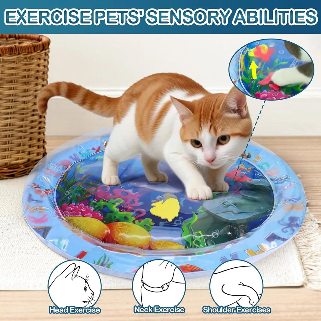 Square blue ocean-themed PVC water play mat for cats with floating fish toys inside, shown on a floor.