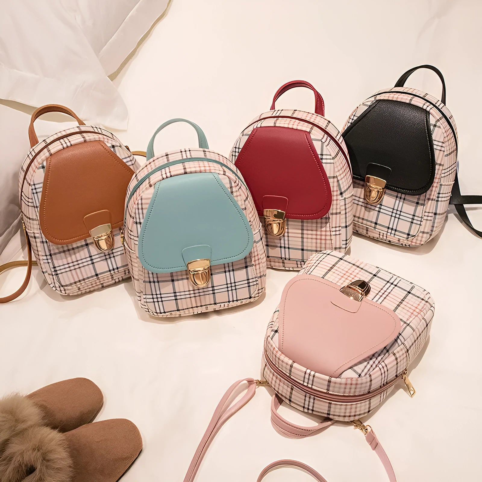 Diagonal shoulder phone bag in PU leather shown in one of five colours: black, blue, brown, pink, or red.