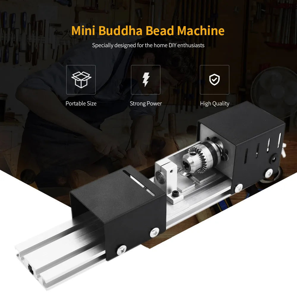 Compact metal manual woodworking lathe on workbench with carving knives