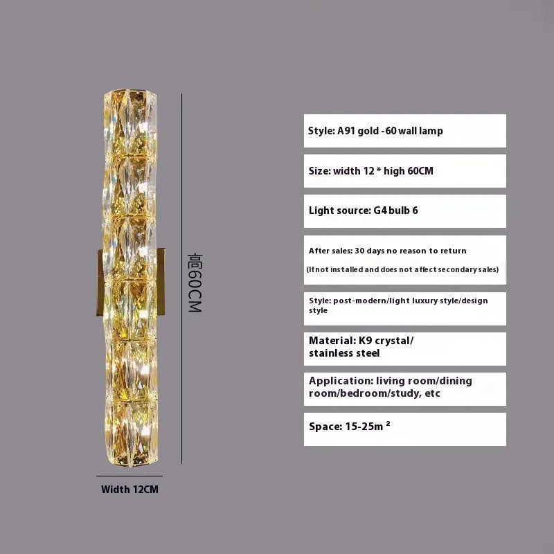 Crystal LED wall lamp with stainless steel frame in chrome finish showing tri-colour lighting