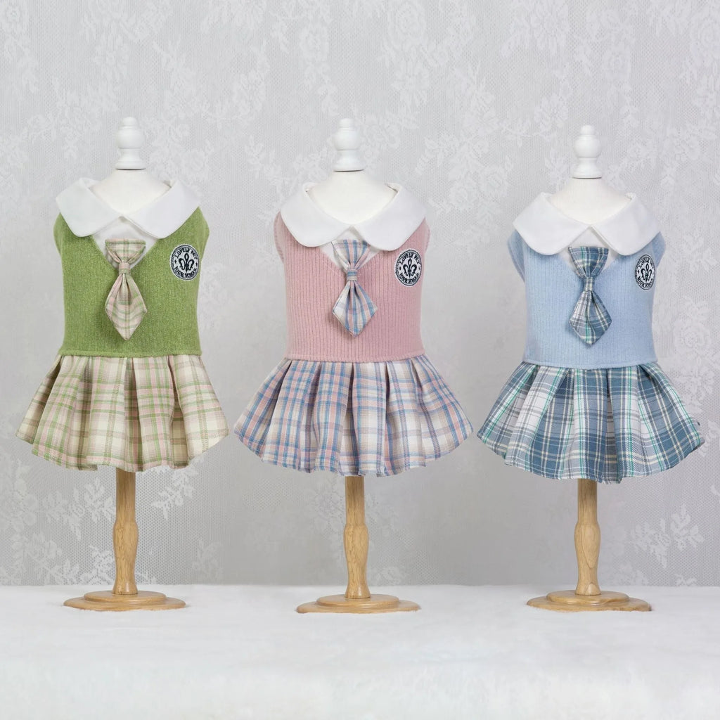 Polyester tartan skirt for pet dog or cat in princess style with pink, blue, green colour options