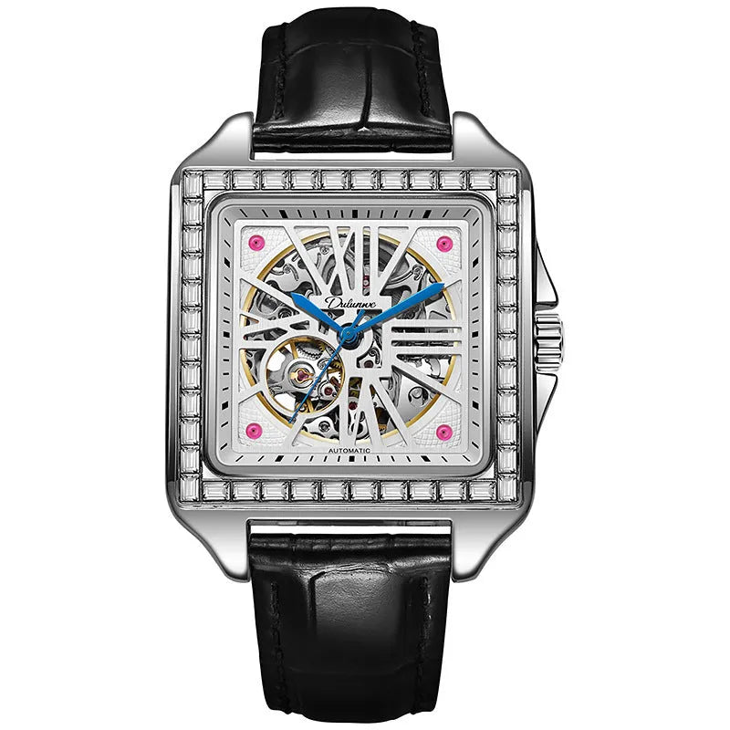 Men's square automatic watch with diamond-studded design on black leather strap
