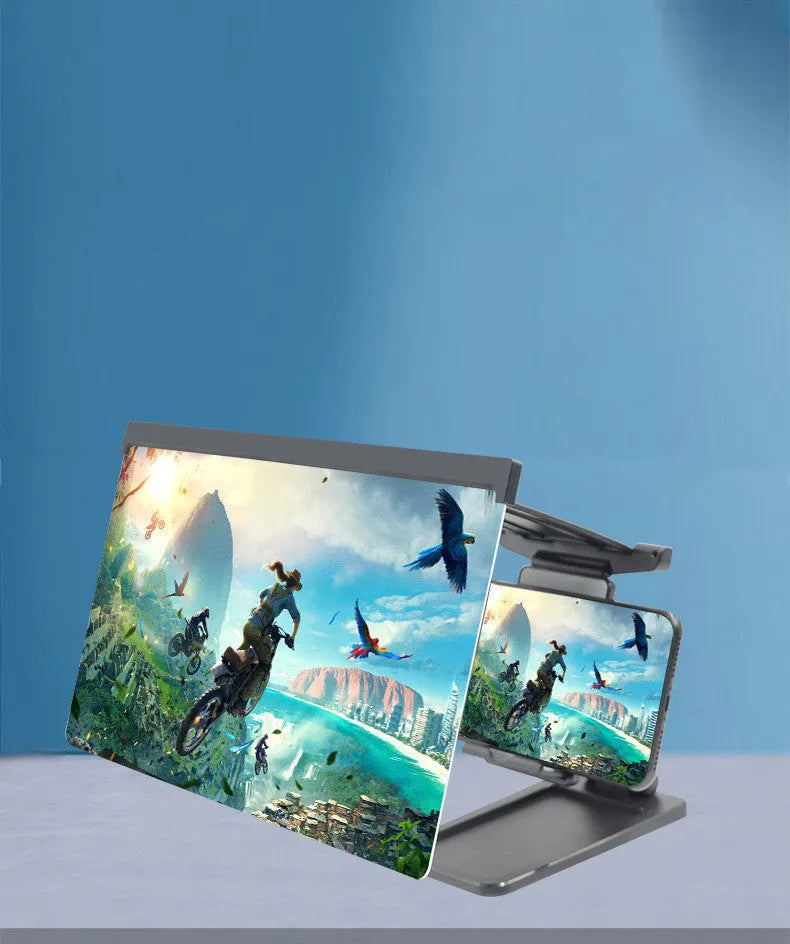 Black folding mobile phone screen amplifier with detachable holder showing 12-inch curved display