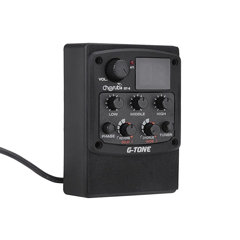 Black Cherub GT-6 acoustic guitar hole-mount preamp with volume, tone, EQ, and effects knobs.
