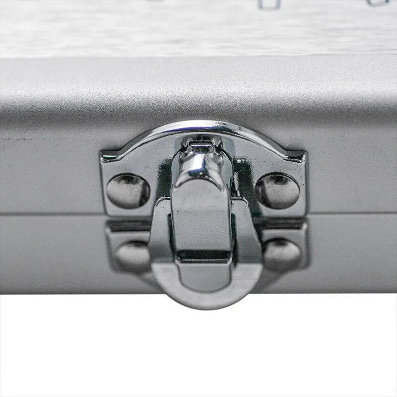Silver aluminium storage box for soldering iron tools measuring 154x147x36mm