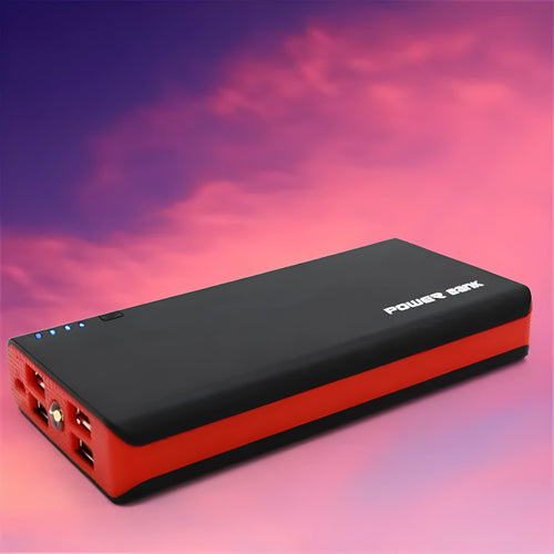 20000mAh portable power bank in five colour options showing front view with dimensions