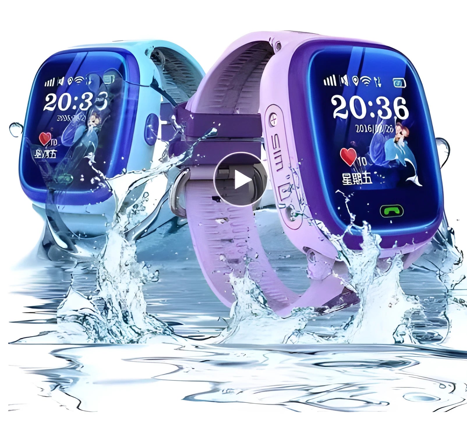 DF25 blue children's waterproof smart watch with touch screen and silicone strap showing SOS button